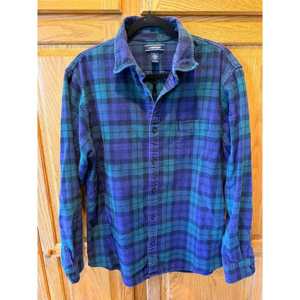 Lands' End 100% Cotton Blue & Green Button-Down Shirt size L oversized cozy fall